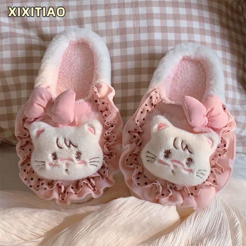 メガ割-細い条mikkoカジュアルなコットンスリッパ女性冬の家庭趣味波点子猫毛羽靴