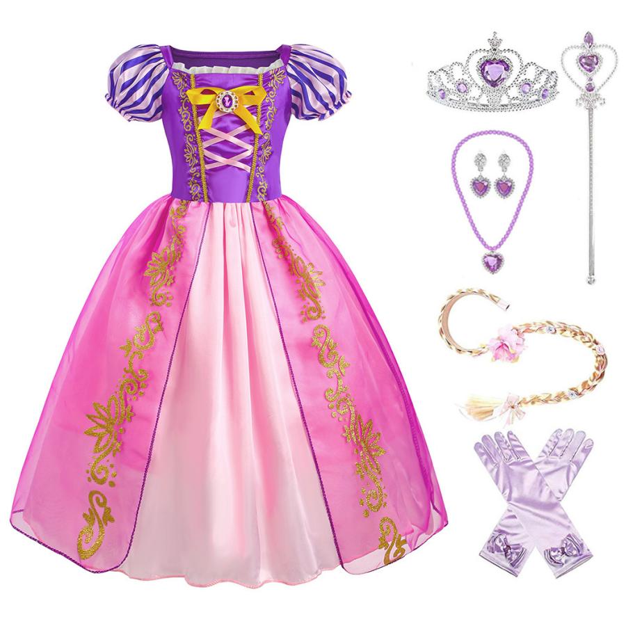 [即纳]新作先行発売ラプンツェル ドレス 子供 コスプレ 衣装 豪華７点 セット ( プリンセス ドレス ウィッグ 手袋 ティアラ ステッキ など ) 100 110 120 130 140【短納期】