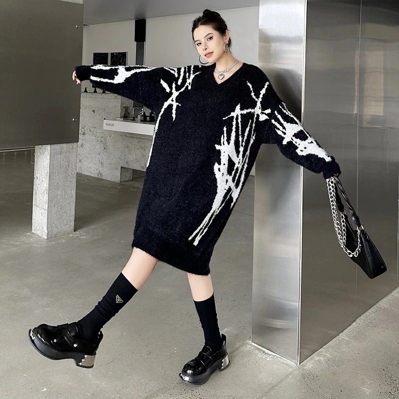 ロングセーター おしゃれ レディース vネック ニットワンピース 個性的なデザイン 【J.Fashion】 ロングニット メガ割