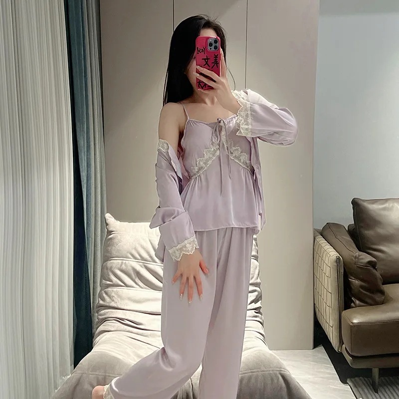 女性用サテンキャミトップとパンツ,ナイトウェア,ソフトレース,パープル,パジャマセット,春,パジャマ,家庭服,新品,3個