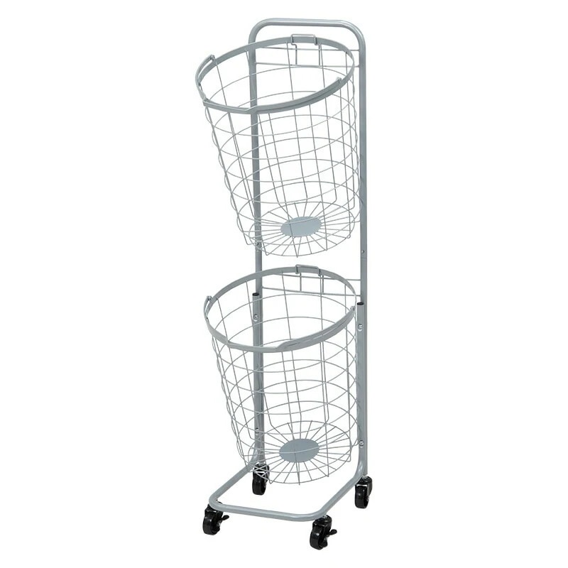 ２段ランドリーラック（丸型/スカイグレー）　KR-3972GY持ち運べるバスケットが便利縦型収納で省スペースに洗濯物を分別できます