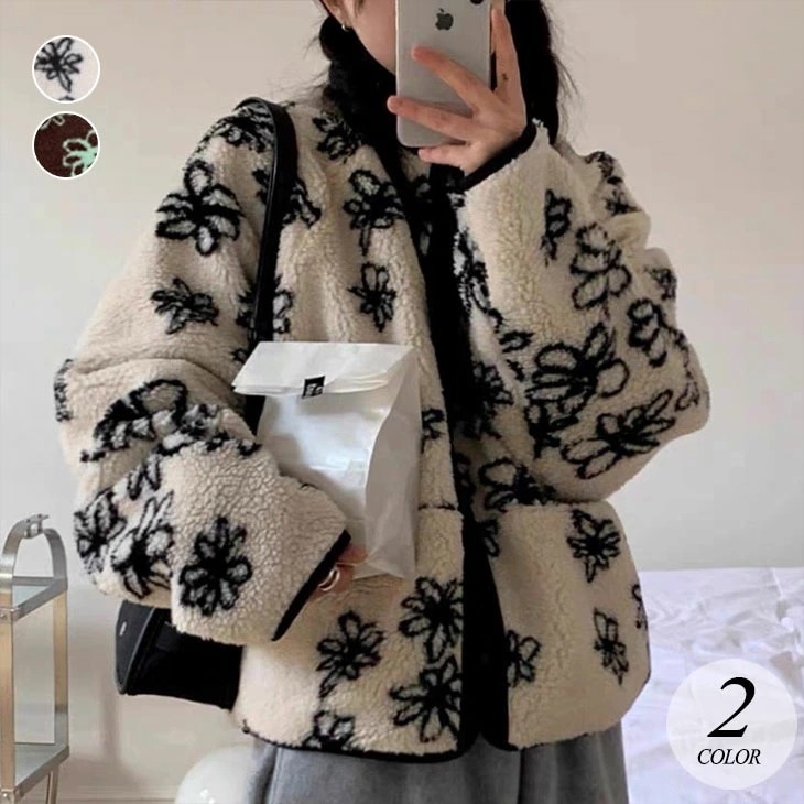 【2025新作 急速出荷】小花柄 ボア ジャケット レディース 秋 冬 防寒 保温 コート アウター 羽織り ゆったり 中綿 ジャケットコート カジュアル ショート丈 ショートアウター ショートジャケ