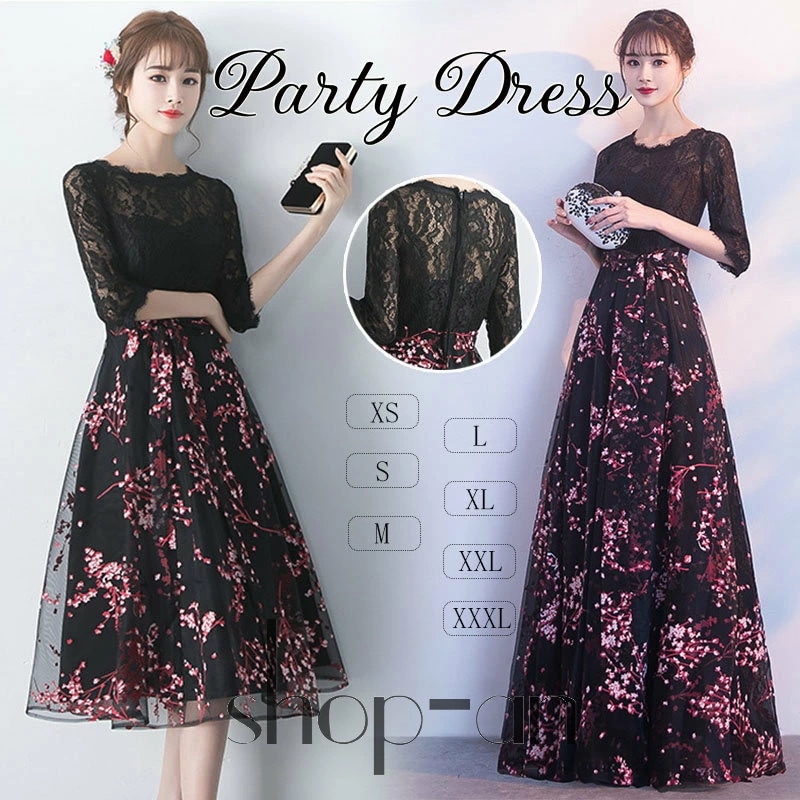 ワンピース パーティードレス party dress 結婚式 袖あり 膝丈 レース ミディアム ミモレ丈 ロング丈 パーティドレス フォーマル ドレス ブライズメイド 大人 二次会 ブラック 黒 20