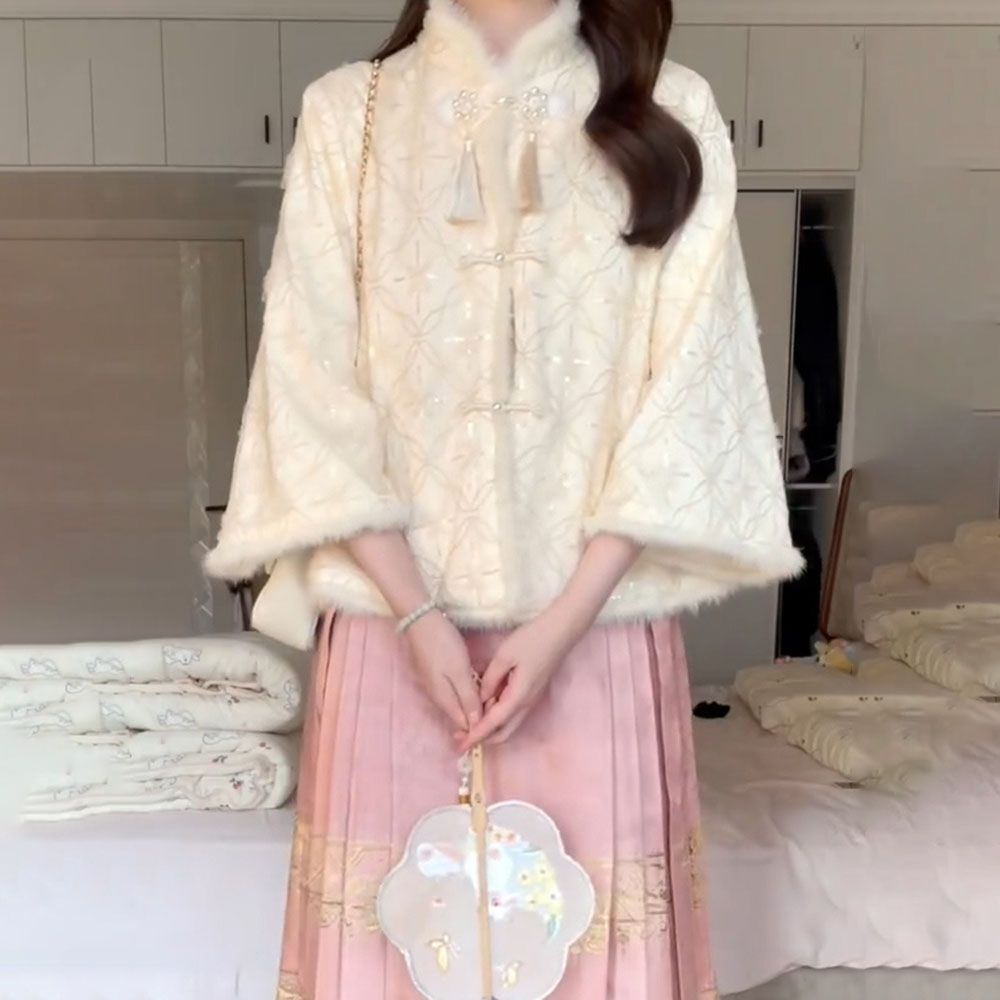 裏起毛ファッション 深冬服に新中式婦人服国風漢服のダウンと厚手のコートを組み合わせたピンクの馬面スカートセット