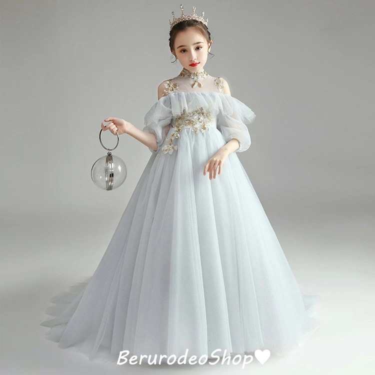 2025子供ドレス ピアノ発表会 グレー ロングドレス 女児ドレス 立ち襟 オフショルダー 女の子ドレス 肩出し キッズドレス 演奏会ドレス トレーンドレス チュール フォーマル 100 110 12