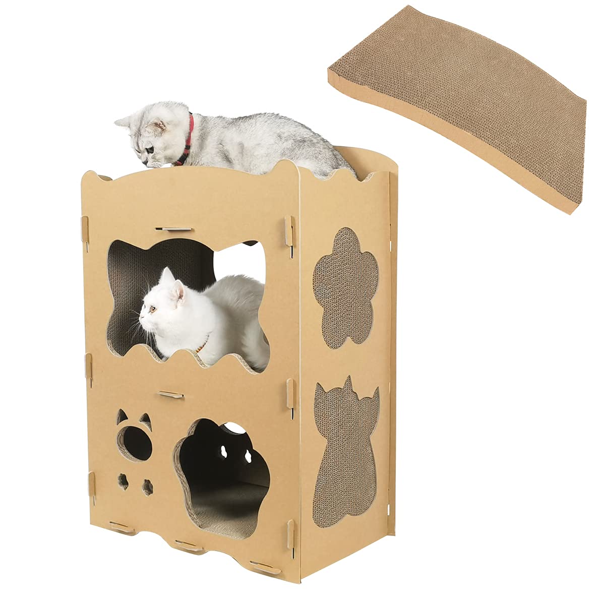 【RAKU】新型猫用爪とぎ 天板２枚付き キャットハウス キャットタワー ダンボールハウス 爪とぎ兼ベッド 猫箱 二階 組み立て式 高密度段ボール 収納簡単 ストレス解消 通気 (２部屋)