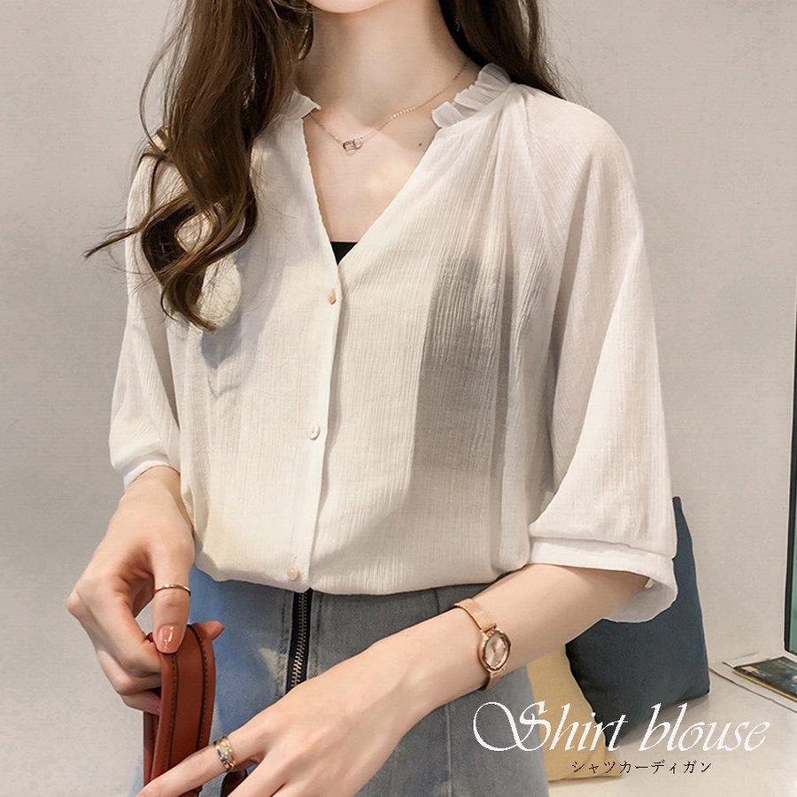 シャツブラウス Vネック レディース シフォン 透け感 日焼け防止 トップス 前開きシャツ オフィス バレンタイン 2023 プレゼント