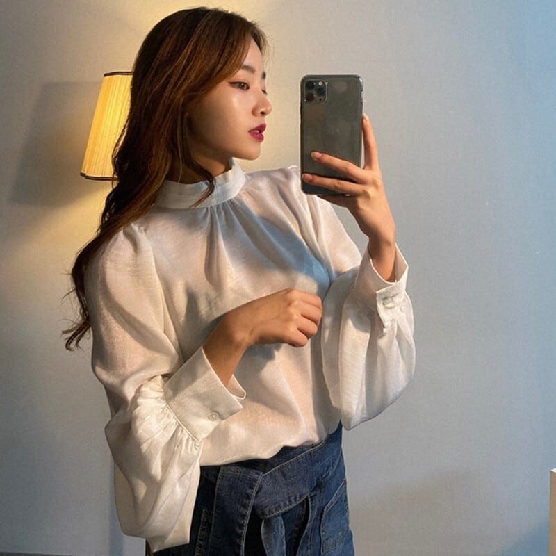 ハイネックブラウス トップス ブラウス 袖あり l ボリューム袖 ハイネック かわいい 大人可愛い きれいめ シンプル カジュアル 大人 おしゃれ お洒落 大人可愛い 大人女子 こなれ感 無地 春