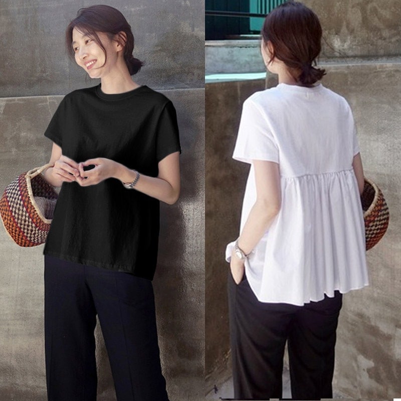 Tシャツ ペプラムトップス ペプラム風Tシャツ ゆるTシャツ 黒 白 Aライン レディース トップス