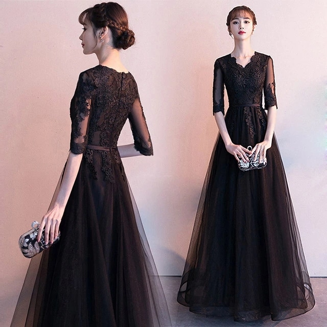 インスタで話題！黒 ロングドレス Vネック 5分袖 発表会ドレス 優雅 エレガント パーティードレス レース ブラック Aライン ドレス ロング丈 イブニングドレス 30代 40代 二次会ドレス お呼