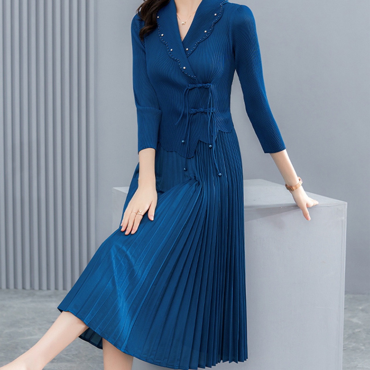 ロングワンピース ハイウエスト クラブ ドレス キャバ ワンピース ミモレ丈 ロング丈 長袖 Vネック フレア Aライン シフォン ドッキング 透け感 シースルー ツーピース かわいい 大人可愛い