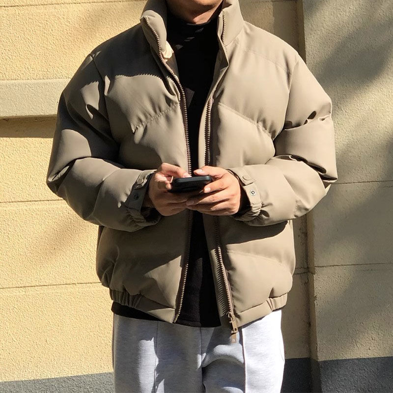 ファッション 流行り シンプル 純色 PU ダウンコートメンズ ins ゆったり スタンドカラー 中綿ジャケット