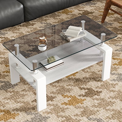 モダン長方形コーヒーテーブル 強化ガラス天板+MDF収納棚 リビング用