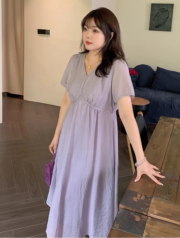 サイズ 婦人服 フロントショルダー V ネック A ライン ウエスト ドレス 夏 膝下 袖あり 半袖 Vネック 襟なし 大人可愛い シンプル カジュアル 大人 上品 おしゃれ お洒落 こなれ感 ラフ