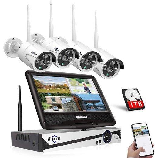 ワイヤレス防犯カメラセット Hiseeu 屋外セキュリティカメラ 10.1イン NVR 8チャンネルまで増設可 カメラ4台 300万画素 遠隔監視 HIS-B07Q2XL2VR