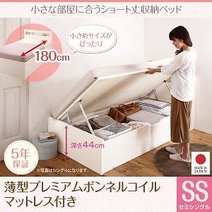 小さな部屋に合う ショート丈 収納ベッド [Odette]オデット [薄型プレミアムボンネルコイルマットレス付き] セミシングル 深さグランド