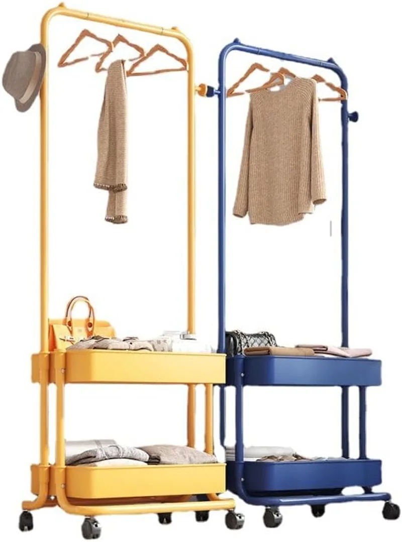 【急速出荷!】ハンガーラック コートハンガー 二重棚ハンガー 洋服掛け 衣類収納 ホイールと下部収納棚付き フック付 シンプル 省スペース 頑丈 スリム ワードローブ スチール製