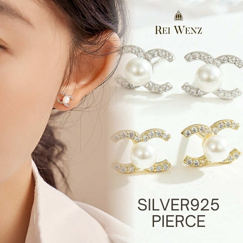 【高品質Silver925】ピアス 金属アレルギー c ダブルｃパール ジルコニア シルバー S925 K18 シンプル おしゃれ レディース ブランド プレゼント 人気 韓国