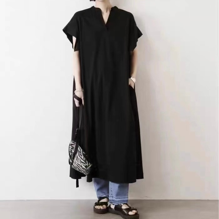 レディース ワンピース フレア ロング マキシ 半袖 キーネック Aライン フェミニン ストリート スリット サイドスリット ポケット かわいい 大人可愛い きれいめ シンプル カジュアル おしゃれ