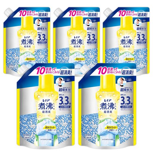 レノア 煮沸レベル消臭 抗菌ビーズ 黄ばみブロッカー シトラスホワイト 詰め替え 1,410mL×5袋 [大容量] [ケース品] 柔軟剤と一緒に使って効果長続き