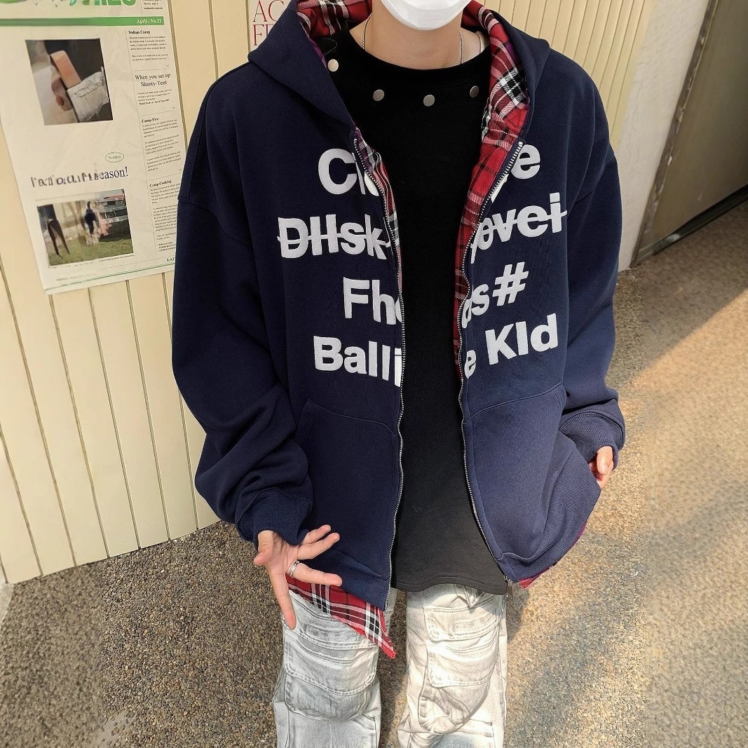 マウンテンパーカー メンズファッション ナショナルトレンドアメリカンフェイク2ピーススプライスされたプリスプレーズフード付きスウェットシャツメンズカップルカーディガンジャケット