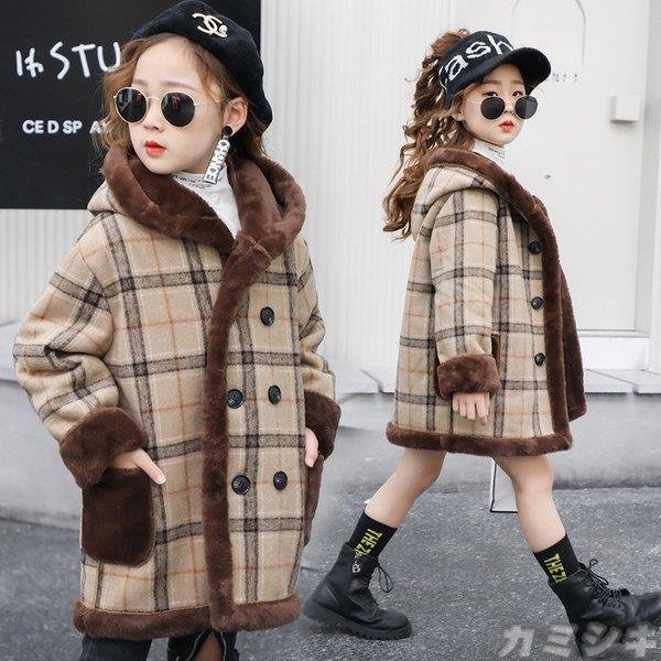 子供服 女の子 厚手 裏起毛 アウター 子供 ロングコート キッズ 秋冬 モッズコート チェック チ