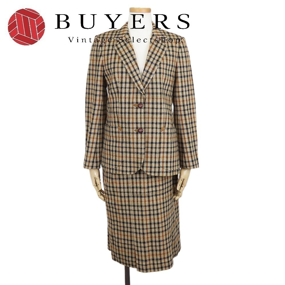 中古 セットアップ ウール ナイロン キュプラ ベージュ ブラック ジャケット スカート チェック柄 レディース 女性 8,415円