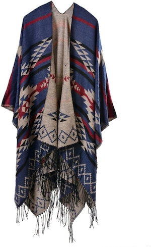 大判ストール オルテガ ポンチョ マフラー エスニック 羽織り ショール マント ユニセックス 防寒 膝掛け 厚手 秋(ネイビーレッド)