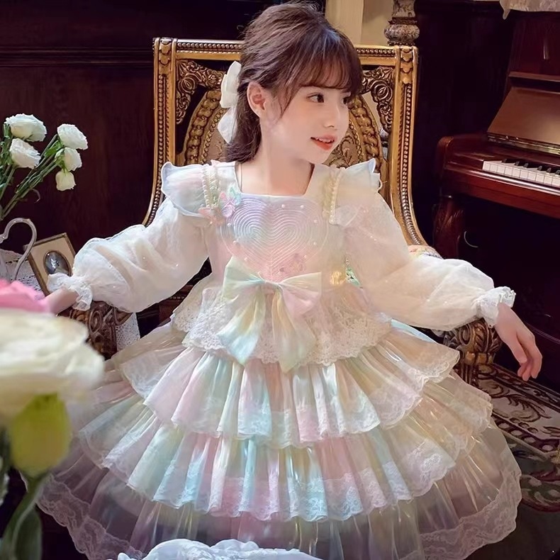 ロリータプリンセスドレスガールズドレス2024春大きな子供の誕生日ケーキドレス小さな女の子の1年生ドレス
