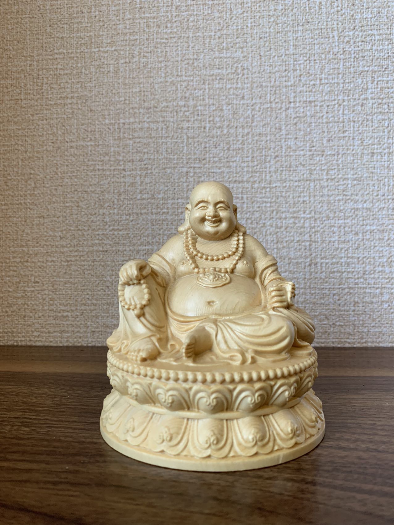 仏像 布袋尊 布袋尊像 七福神 檜木 木彫 仏具 (約)高11.5cm幅10cm奥行9cm