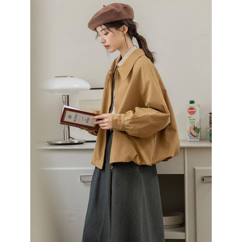 ランタンスリーブジャケットレディース秋服2024レトロカーキ気質カジュアルゆったり多用途小型ショートウインドブレーカー 母の日のプレゼント