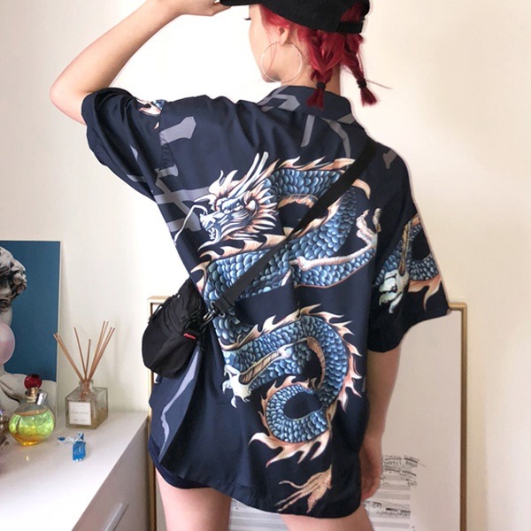 Qoo10 即納あり柄シャツ ドラゴン柄 昇り龍 竜 レディース服