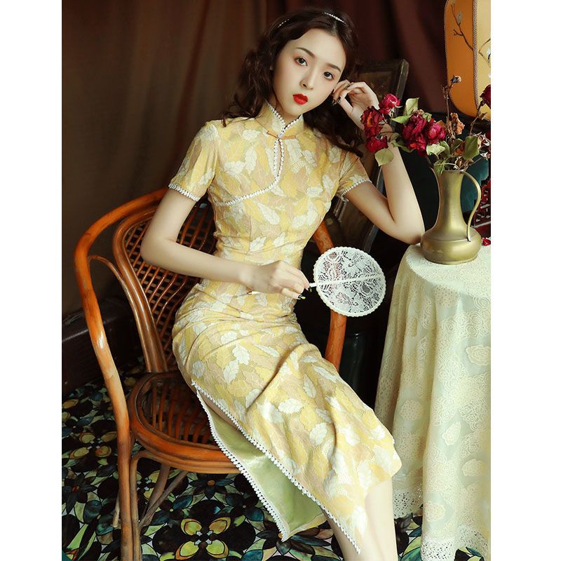 イエロー レース チャイナ ドレス ロング セクション 2025 夏 レトロ スタイル 改良 フレッシュ ガール ドレス 母の日 母の日-0007794