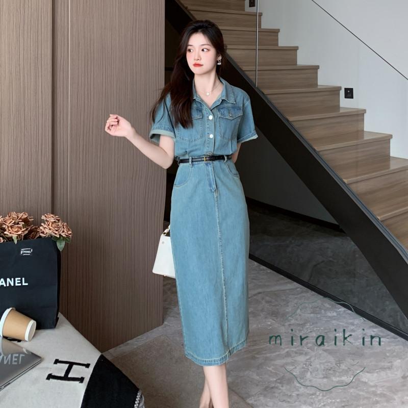 デニムワンピース ロング丈 夏 半袖 ロングワンピース スリット 無地 上品 大人 通勤 20代30代40代 体型カバー 韓国ファッション デート 二次会 女子会 優雅 5,445円