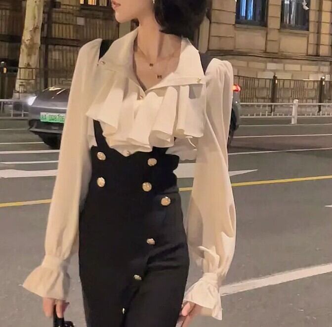 【セット】 スカート トップス ブラウス レディース 膝下 ミモレ 長袖 フリル袖 襟付き タイト スリム 細身 ストレート フェミニン 韓国風 シフォン フリル スリット ハイウエスト ボタン サス