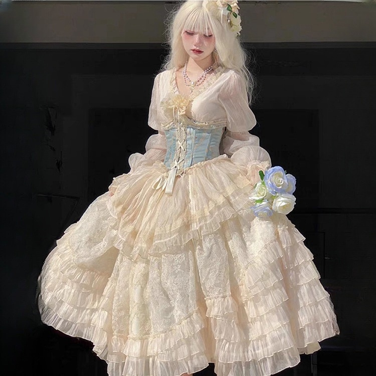 ロリータ スーツ ドレス ロングレースのワンピース お姫様のドレス 帯 リボン結び コスプレ