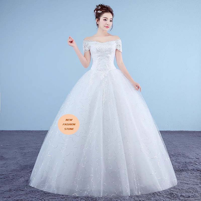 ウェディングドレスの新しい花嫁簡約韓国版ワンワードショルダー韓国式ウェディングドレス