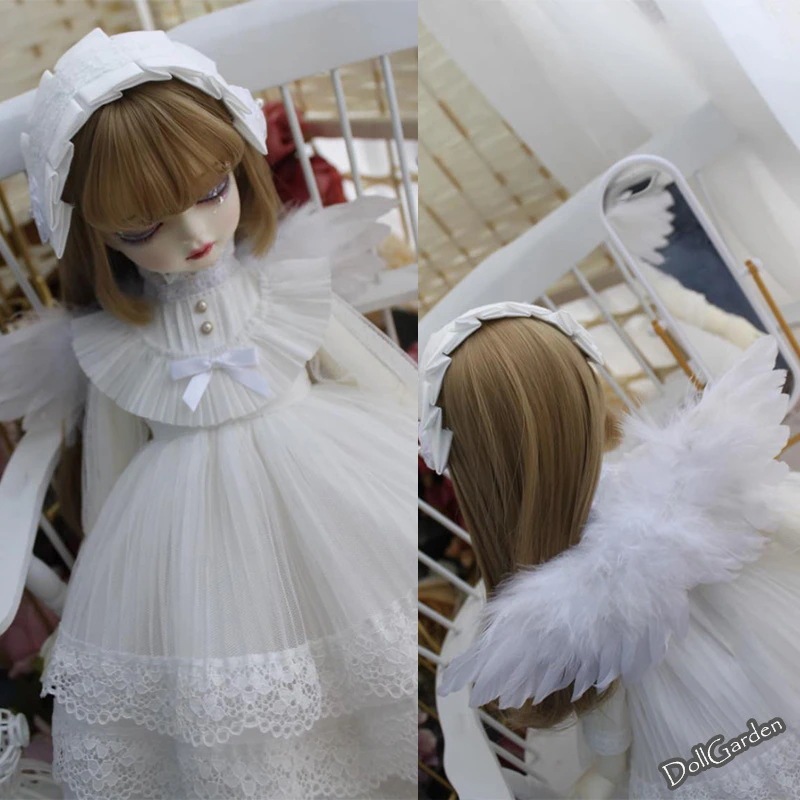 BJD 1/3 1/4 1/6 ドール服 白色 ワンピース+髪飾り+取り外し可翼セット 15cm 20cm 40cm ぬい服 ブライス服 幼SD/MSD/SDサイズ球体関節人形用衣装