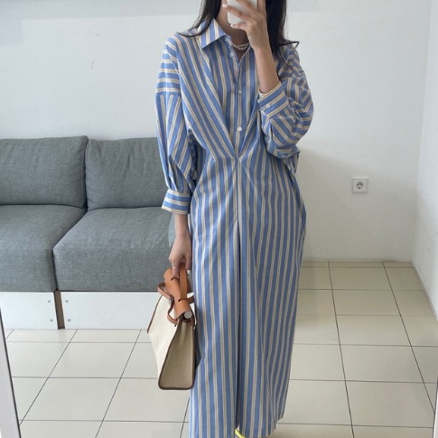 ワンピース シャツワンピース ロングワンピース ロング丈 袖付き 長袖 角襟 前開き ウエストマーク かわいい 大人可愛い きれいめ シンプル カジュアル 大人 上品 おしゃれ かっこいい 大人女子