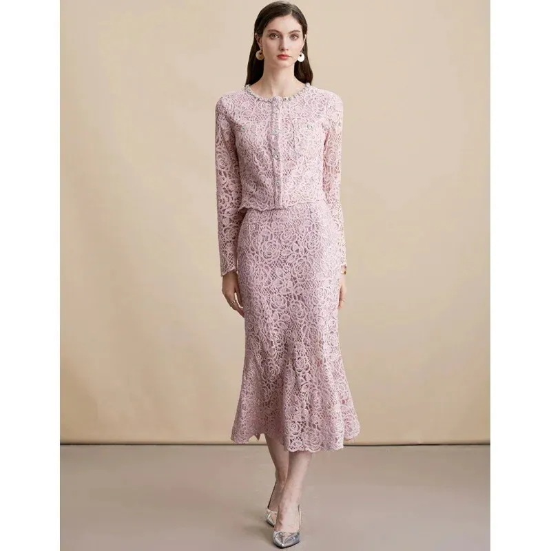 ビーズ刺繍レースセットアップ（ジャケット+スカート） 入学式 卒業式 結婚式 演奏会 パーーティー お呼ばれドレス