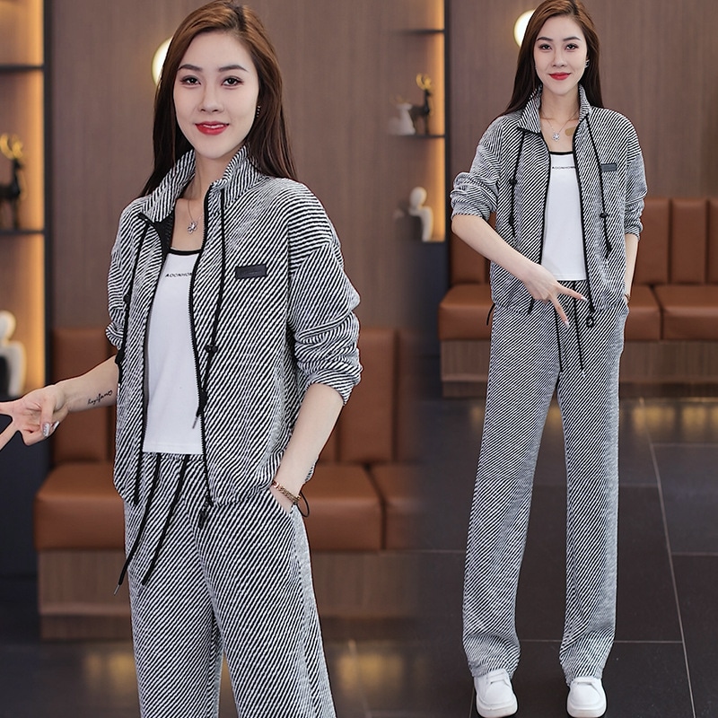 ストライプレジャースポーツスーツ女性春洋気減齢立襟カーディガンワイドパンツ2点セット
