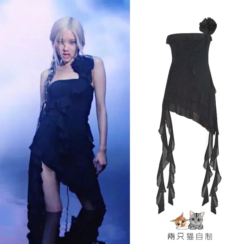 【急速出荷!2枚購入で300円 OFF!】フリルとリボンが付いたpark Caiyingローズコンサートブラックドレス