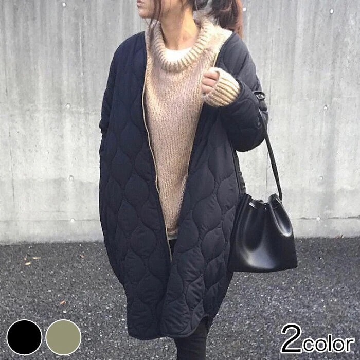 キルティングコートロングコートノーカラージップアップキルティングコートジャケットアウター秋冬2020