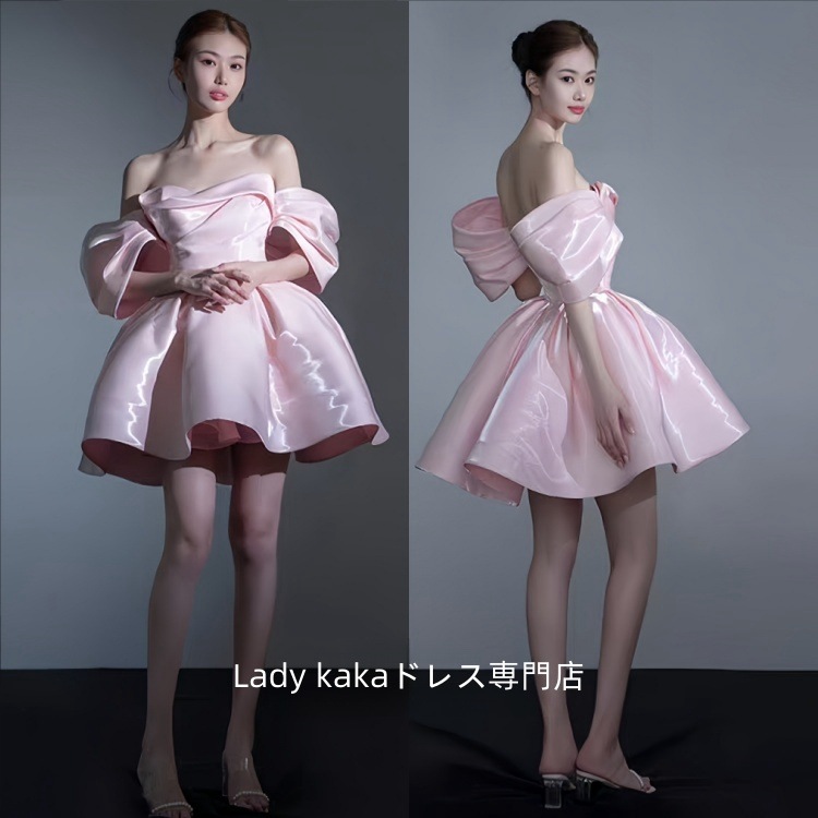 パーティードレス ピンク ミニスカートのドレス ウエディングドレス前撮り 後撮り 撮影 新婦 結婚式 二次会 披露宴 シンプル 花嫁ドレス 海外挙式