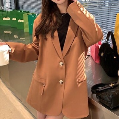 スーツジャケット トップス シンプル オレンジ ミディアム丈 袖あり 長袖 襟付き ストレート