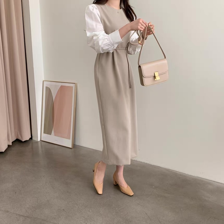 レディース ワンピース ロング マキシ 長袖 パフスリーブ Uネック ラウンドネック コンサバ 切り替えデザイン バイカラー 配色 ドッキング きれいめ シンプル カジュアル 上品 おしゃれ ガーリー