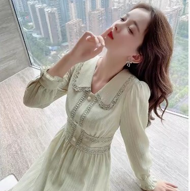 ワンピース ワンピドレス ロング丈 長袖 レースカラー パールボタン かわいい 大人可愛い きれいめ カジュアル 大人 上品 おしゃれ お洒落 かっこいい 大人女子 キュート ガーリー 個性的 クール