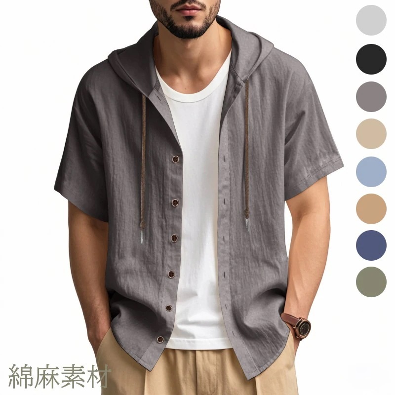 【20点セット】【送料無料】メンズ パーカー 半袖 夏 おしゃれ 綿麻 フード付き 無地 カジュアル ゆったり 大きいサイズ 薄手 通気性 涼しい シャツ アウター オーバーサイズ ストリート アガリ