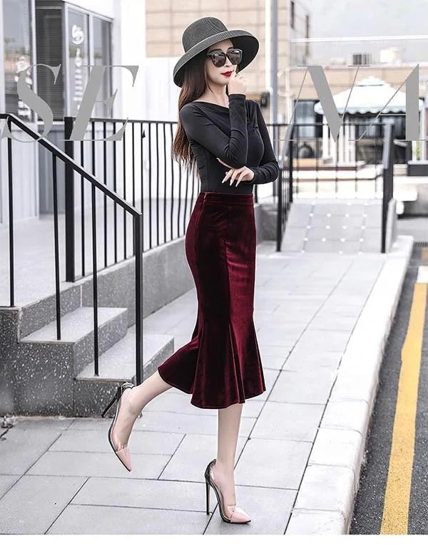 スカートロングスカートレディース ミモレスカート ひざ下丈 着痩せ 秋冬 タイト マーメイドライン 着心地抜群 ベルベット マーメイドスカート スカート 美脚ライン 春秋 きれいめ S/M/L/XL/