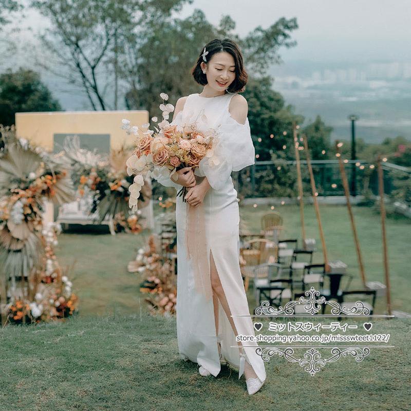 ウェディングドレス 二次会 結婚式 ブライダル ロングドレス サテン 袖付き スリット 前撮り 海外挙式 花嫁 リゾートウェディング 記念撮影 ウエディングドレス